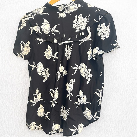 Maeve by Anthropologie • Black Floral Adagio Ruffle Button Top Tie Neck Sz Small - Picture 5 of 10